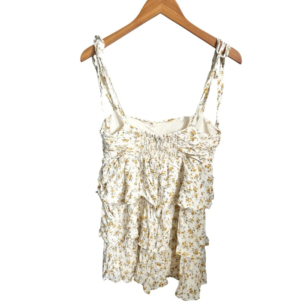 Reformation Avni Babydoll Tiered Tie Sleeve Yellow Floral Mini Dress Size Large - Picture 7 of 8
